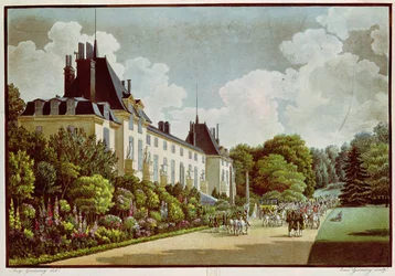 ルイガーネレイ（1783-1857）によって刻まれた「マルメゾンの眺め」からの公園の隣のマルメゾン城の眺め（アクアチント）